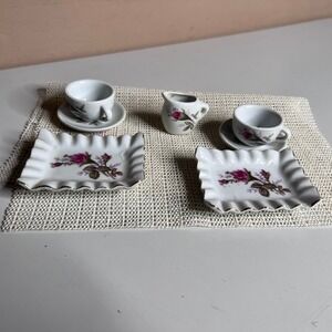 Vintage Miniature Porcelain Tea Set Pink Rose Gold Trim Cups Saucers Creamer